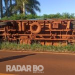 Caminhão carregado de frangos tomba na PR-239 entre Toledo e Vila Nova