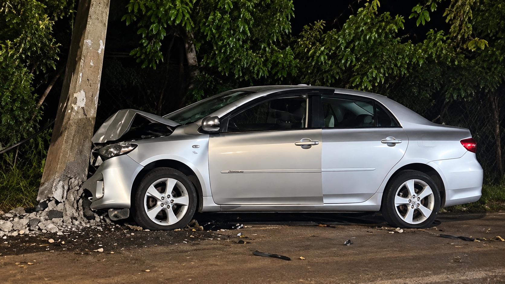 Corolla passa direto por rotatória e derruba poste de energia durante a madrugada em Toledo